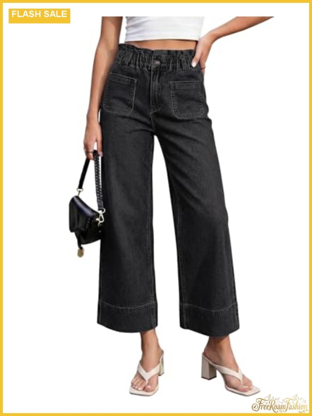 High Waisted Wide Leg Cropped Jeans with Pockets Stretchy Paper Bag Waist